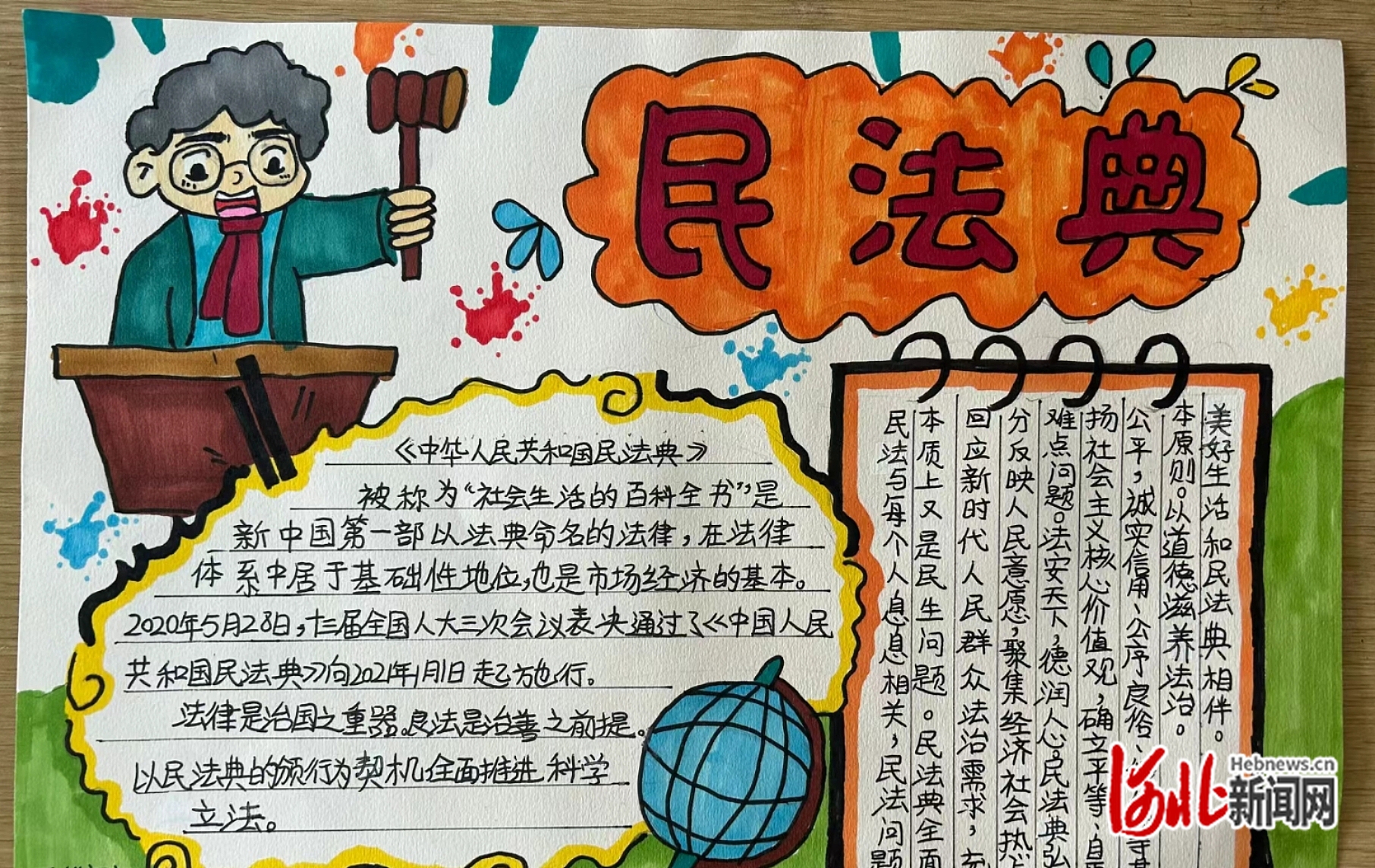 各班同学展示丰富多彩,图文并茂的手抄报,加深民法相关知识的宣传教育